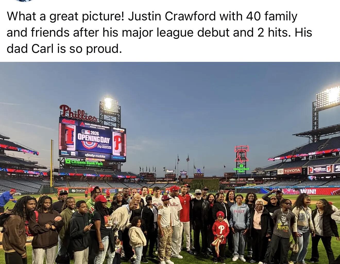 Justin Crawford celebrating with his family after the game, after a successful MLB debut