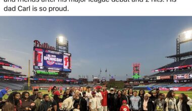 Justin Crawford celebrating with his family after the game, after a successful MLB debut