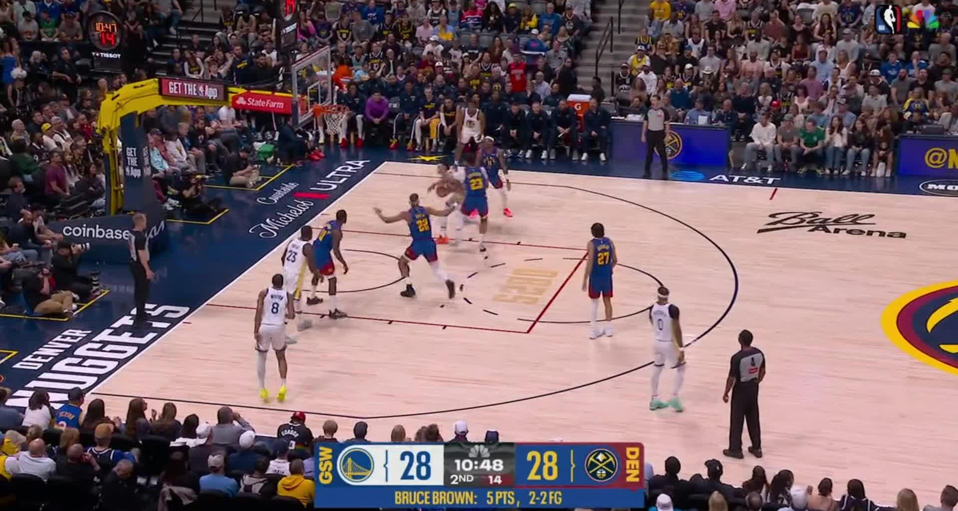 [Highlight] Bruce Brown hits the deep 3-pointer grenade to beat the shot clock, and then 'tips the cap' celebration (with a replay). Cameron Johnson with the block at the other end.