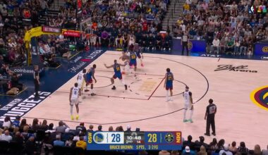 [Highlight] Bruce Brown hits the deep 3-pointer grenade to beat the shot clock, and then 'tips the cap' celebration (with a replay). Cameron Johnson with the block at the other end.