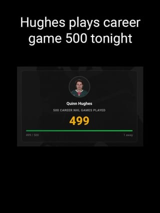 Hughes plays game 500 tonight, plus more season stats