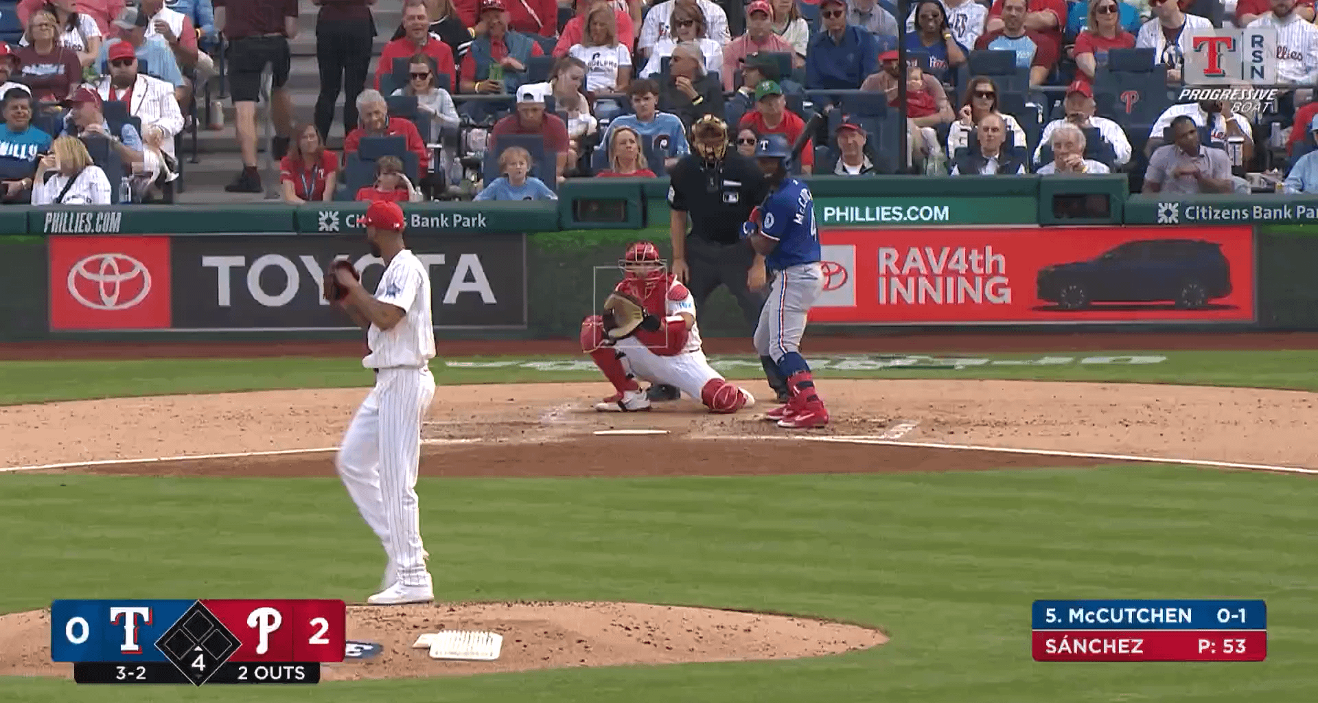 Andrew McCutchen collects his first hit as a Ranger with a double in the 4th