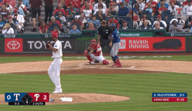 Andrew McCutchen collects his first hit as a Ranger with a double in the 4th