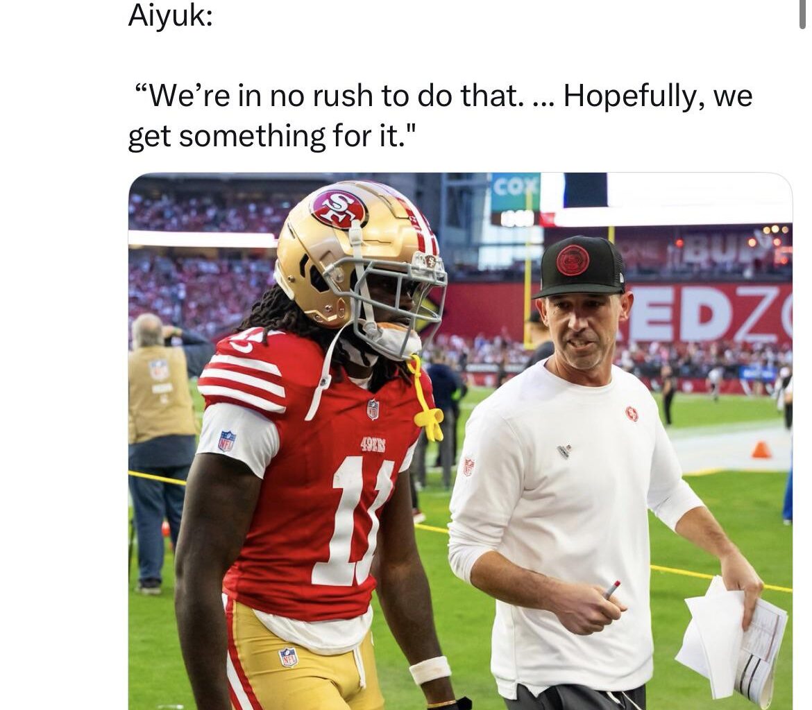 49ers HC Kyle Shanahan was asked when are they going to move on from WR Brandon Aiyuk: “We’re in no rush to do that. ... Hopefully, we get something for it."