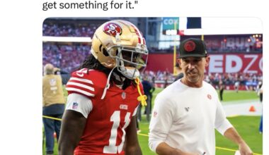 49ers HC Kyle Shanahan was asked when are they going to move on from WR Brandon Aiyuk: “We’re in no rush to do that. ... Hopefully, we get something for it."