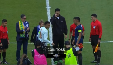 Jayson Tatum flips the coin ahead of France vs. Brazil