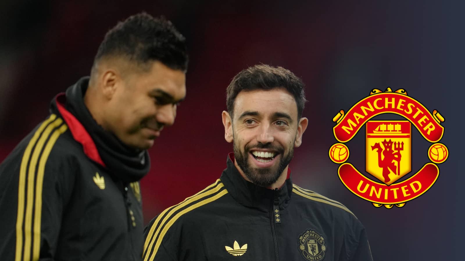 Manchester United duo Casemiro and Bruno Fernandes next to the Man Utd badge - copyright TEAMtalk