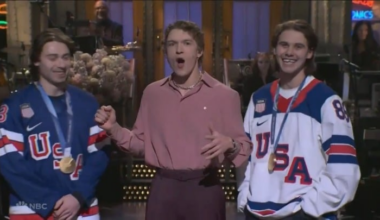 Jack and Quinn Hughes, Hilary Knight and Megan Keller joined Connor Storrie for his SNL monologue