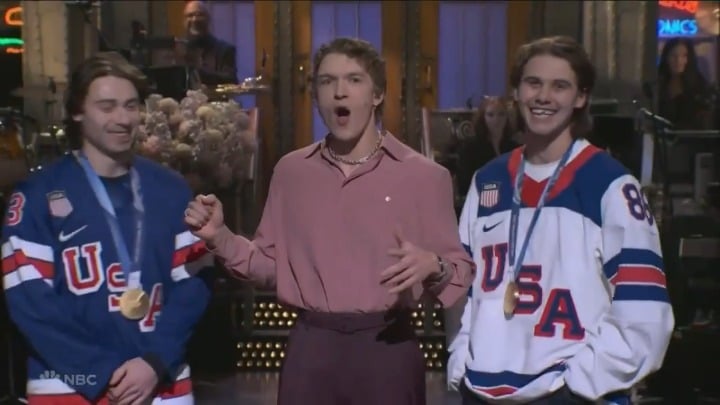 Jack and Quinn Hughes, Hilary Knight and Megan Keller joined Connor Storrie for his SNL monologue
