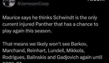 [Jameson Olive] Maurice says he thinks Schwindt is the only current injured Panther that has a chance to play again this season. That means we likely won't see Barkov, Marchand, Reinhart, Lundell, Mikkola, Rodrigues, Balinskis and Gadjovich again until 2026-27.