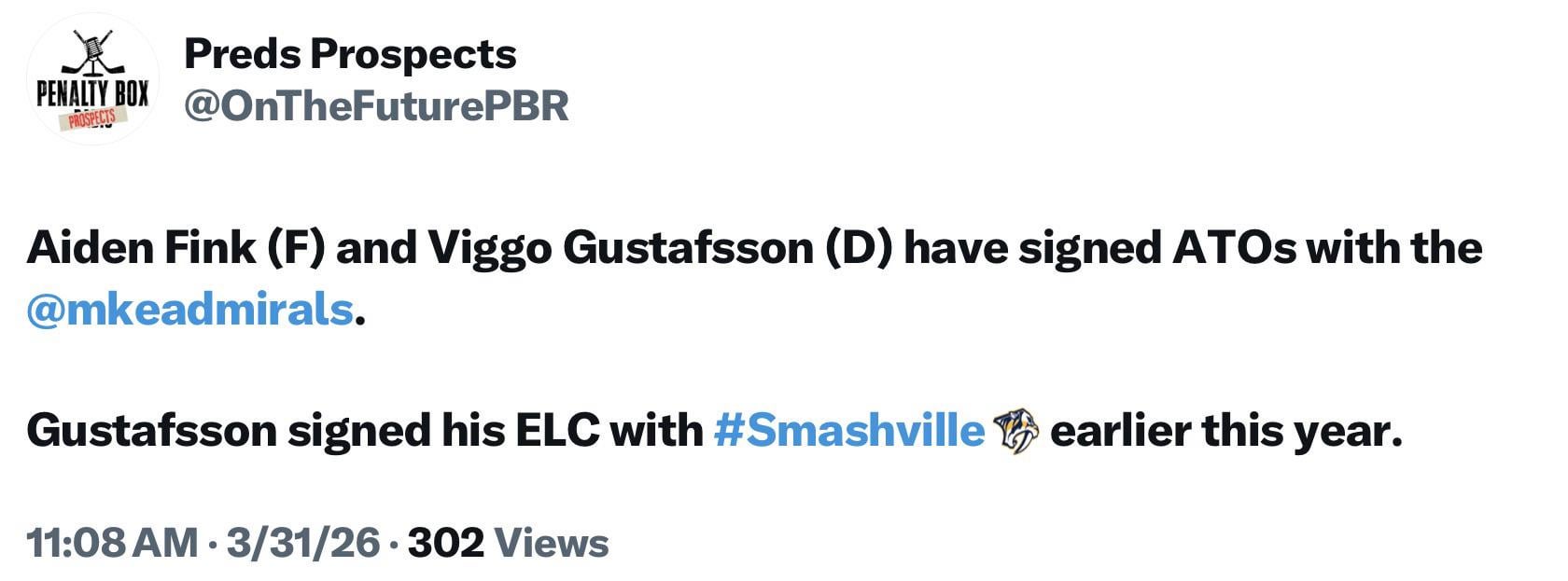 [Preds Prospects] Aiden Fink (F) and Viggo Gustafsson (D) have signed ATOs with the Milwaukee Admirals. Gustafsson signed his ELC with Nashville earlier this year.