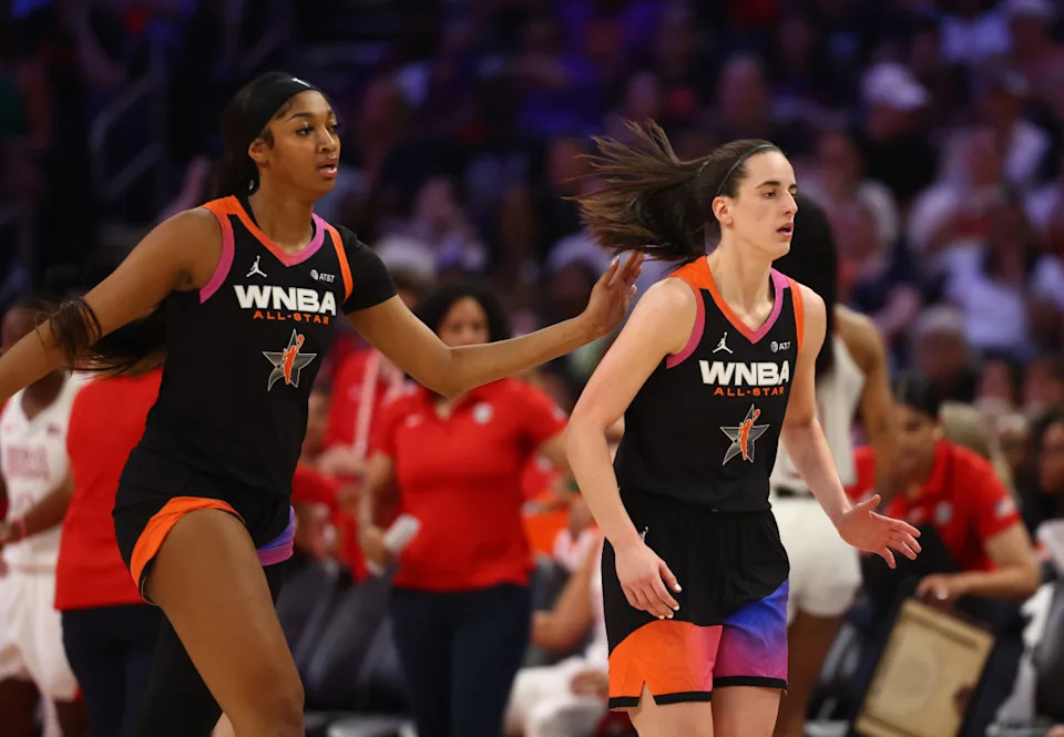 Caitlin Clark (right) and Angel Reese during the 2024 WNBA All-Star Game.Mark J. Rebilas-USA TODAY Sports
