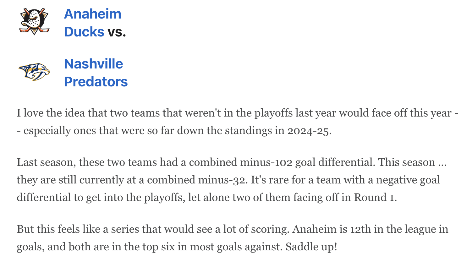 Adam Ocal on potential Ducks-Preds first round playoff matchup