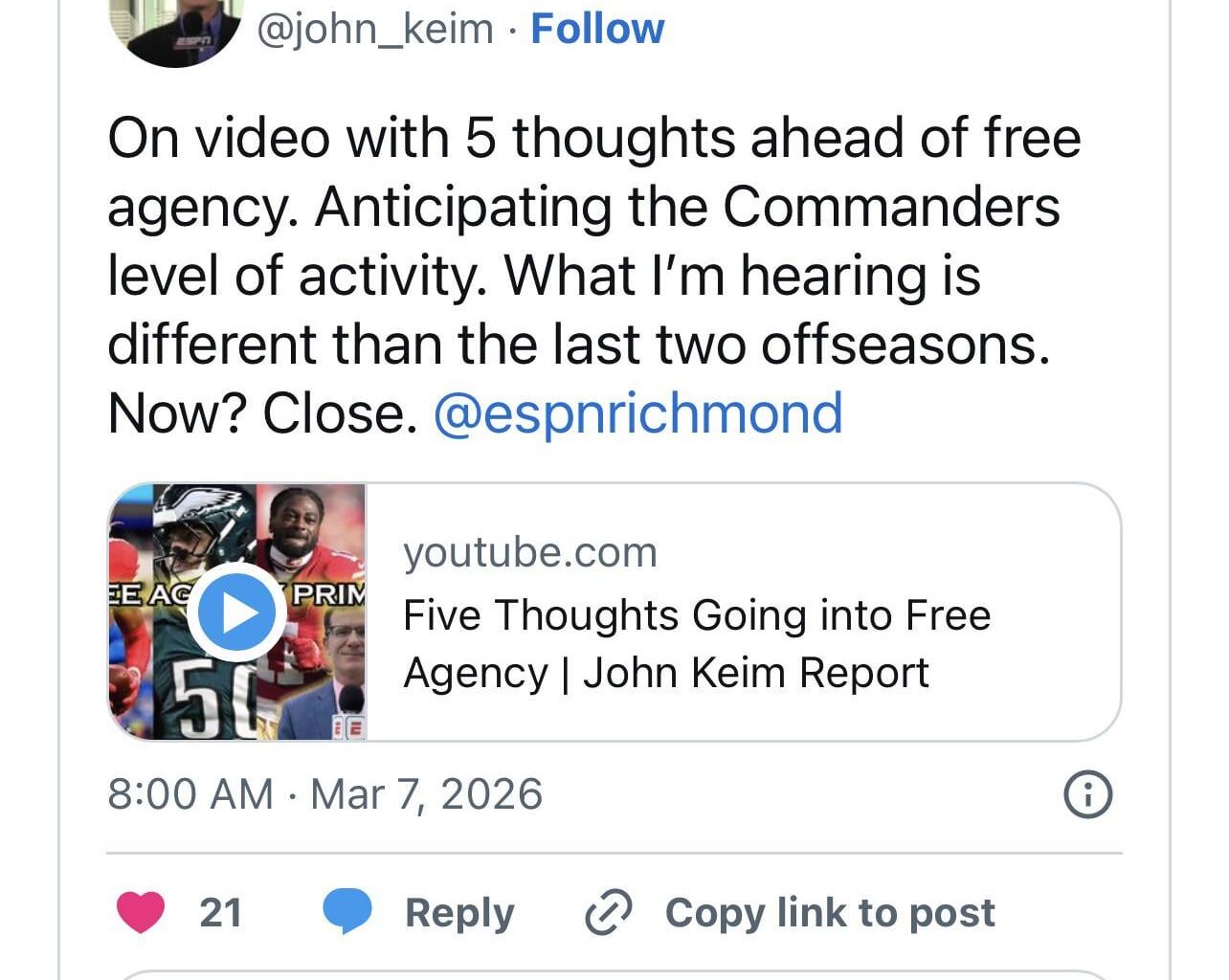 John Keim: The Commanders will be “way more aggressive [in free agency] than the last couple years”