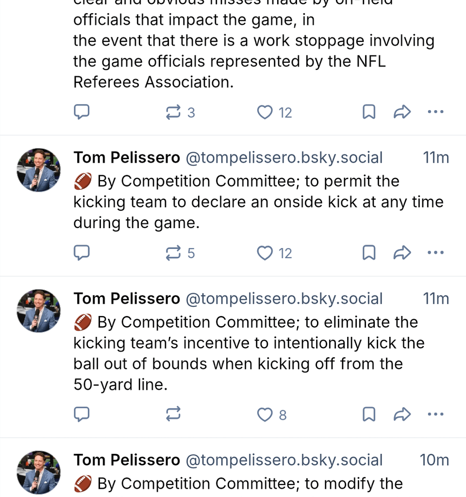 [Pelissero] NFL owners just approved five rule changes, including the ability to permit the kicking team to declare an onside kick at any time during the game.