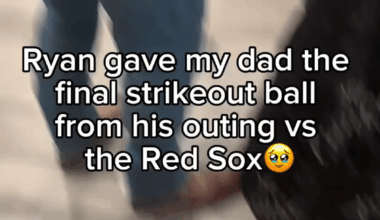 Ryan Weiss gifts the final strike out ball from his outing against the Boston Red Sox to his father-in-law