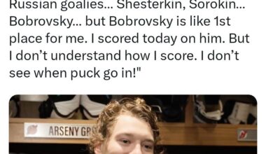 [Stein]: Gritsyuk on scoring against fellow Russian Sergei Bobrovsky: “(All) my life I want to score on Russian goalies… Shesterkin, Sorokin… Bobrovsky… but Bobrovsky is like 1st place for me. I scored today on him. But I don’t understand how I score. I don’t see when puck go in!"