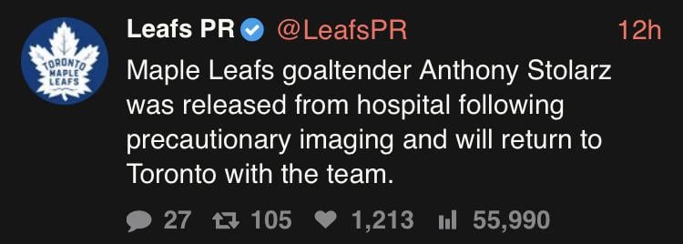 [Leafs PR] Maple Leafs goaltender Anthony Stolarz was released from hospital following precautionary imaging and will return to Toronto with the team.