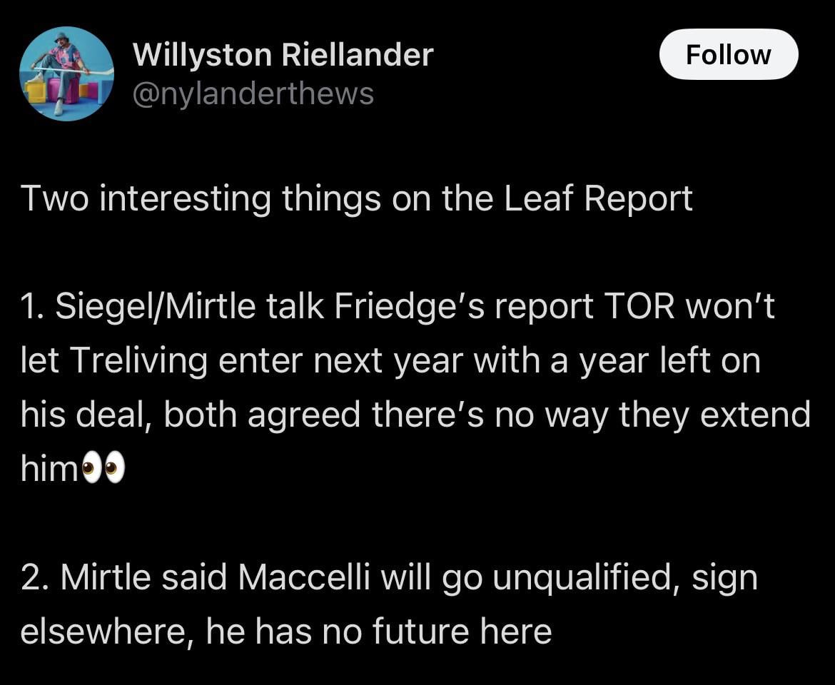 An update from Leaf Report on Brad Treliving and Matias Maccelli