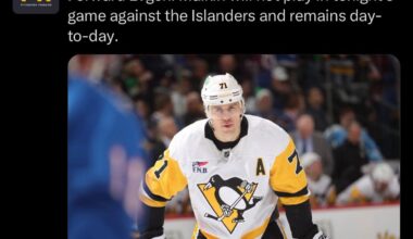 [Penguins PR] Forward Evgeni Malkin will not play in tonight's game against the Islanders and remains day-to-day.
