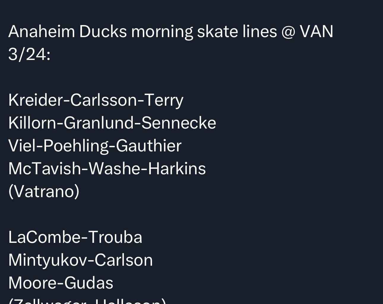 Per Cavanagh: Radko Gudas is back and appears to be replacing Olen Zellweger