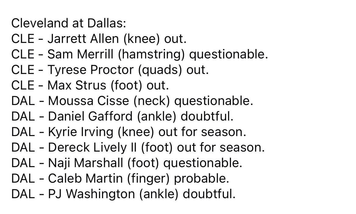 Cleveland V Mavs (Injured Reports)
