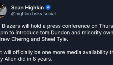 The Blazers will hold a press conference on Thursday at 3pm to introduce tom Dundon and minority owners Andrew Cherng and Sheel Tyle. That will officially be one more media availability than Jody Allen did in 8 years.