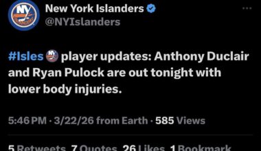 Ryan Pulock and Anthony Duclair are out tonight with LBI per the team.