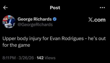 [George Richards] Upper body injury for Evan Rodrigues - he’s out for the rest of the game