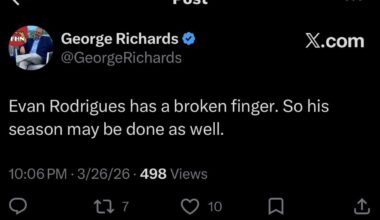 [George Richards] Evan Rodrigues has a broken finger. So his season may be done as well.