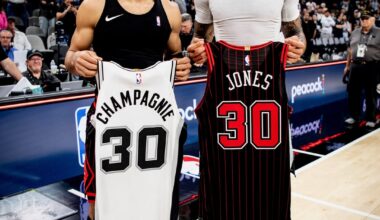 [San Antonio Spurs] great having you back in the building @Tre3Jones 🖤