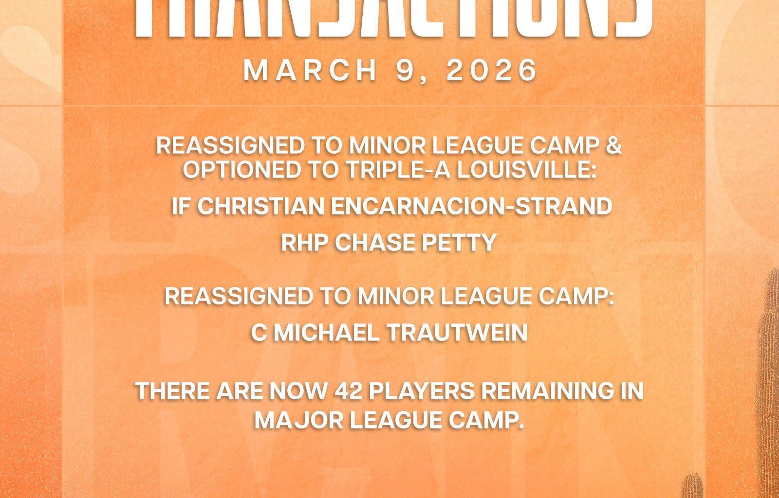 Reds transactions 3/9/26 - CES and Petty optioned to Triple-A Louisville and reassigned to Minor League camp, Trautwein reassigned to Minor League camp