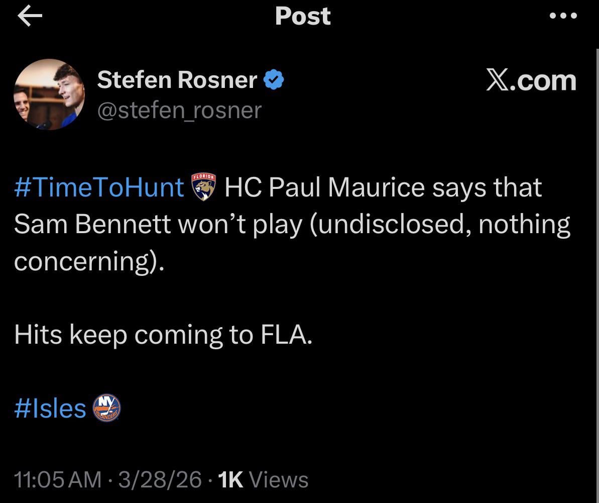 [Rosner] HC Paul Maurice says that Sam Bennett won’t play (undisclosed, nothing concerning).