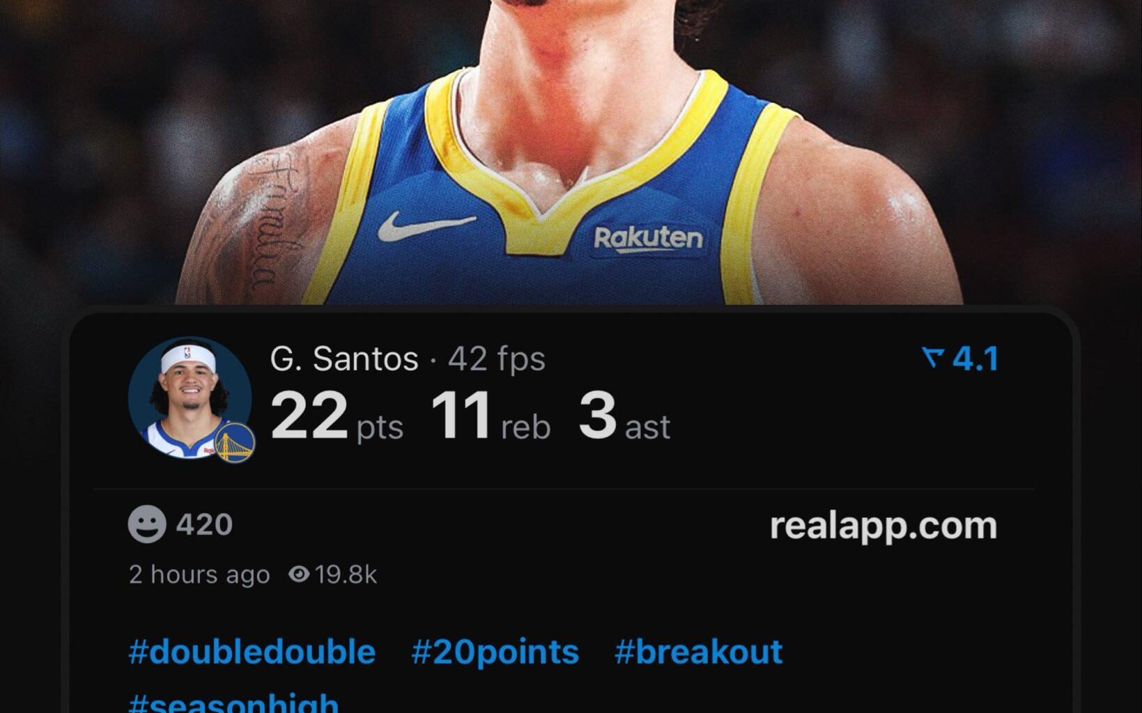 Gui Santos tonight: 22 PTS 11 REB 3 AST 2 STL