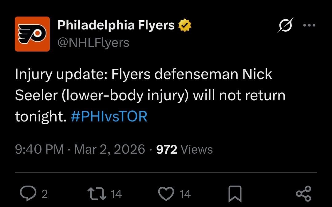 [Flyers] Injury update: Flyers defenseman Nick Seeler (lower-body injury) will not return tonight.
