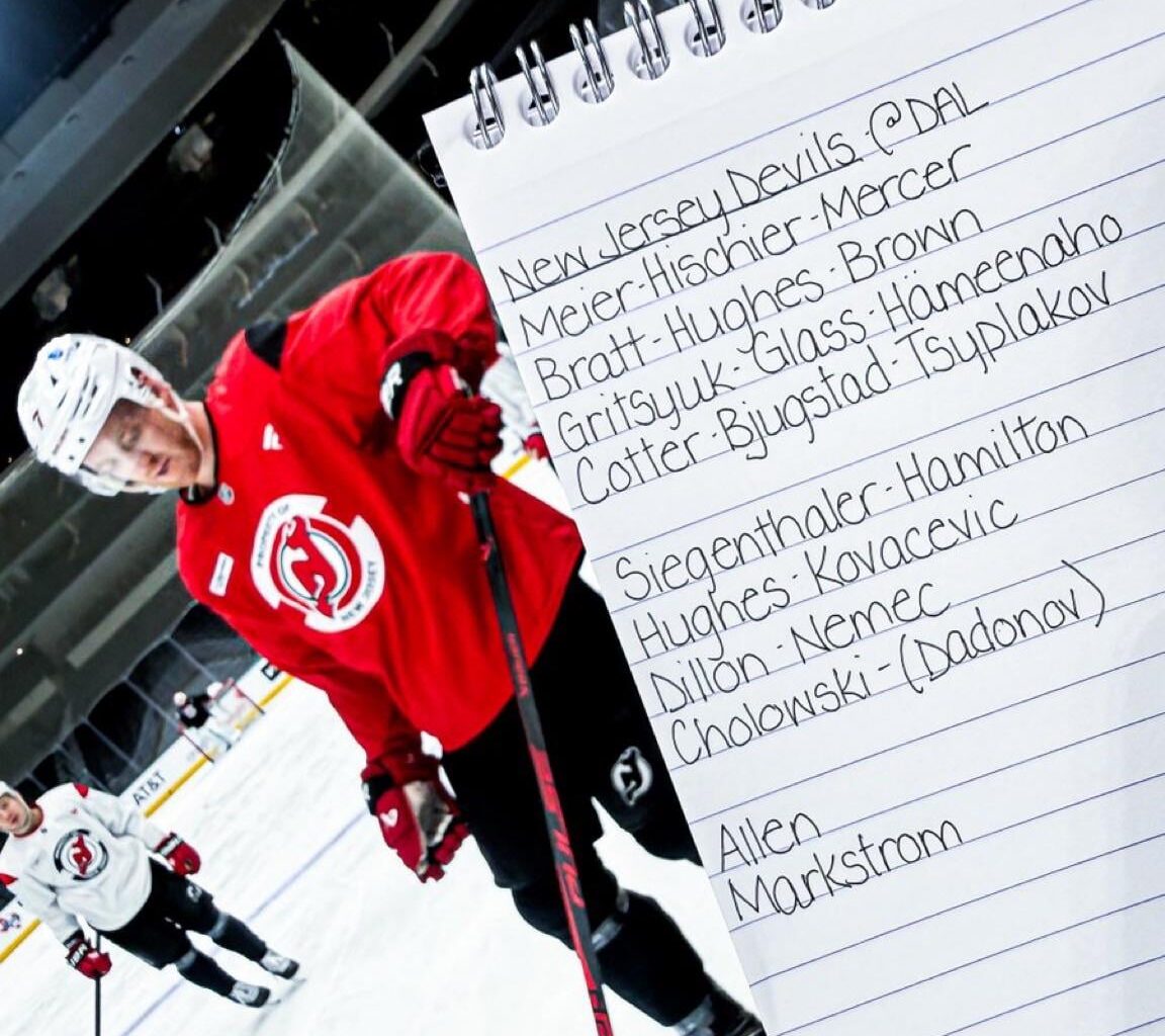 [Stein] No changes for #NJDevils tonight against Dallas, rolling with this look and Jake Allen in the starters net.