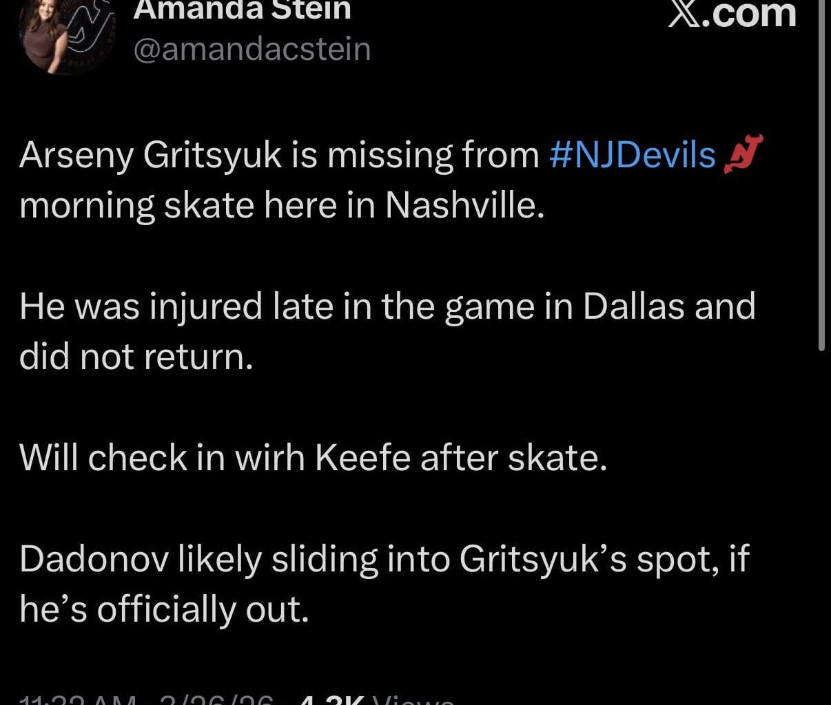 [Stein] Gritsyuk is absent for morning skate. Dadonov expected to take his role tonight