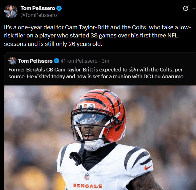 [Pelissero] It's a one-year deal for Cam Taylor-Britt and the Colts, who take a low-risk flier on a player who started 38 games over his first three NFL seasons and is still only 26 years old.