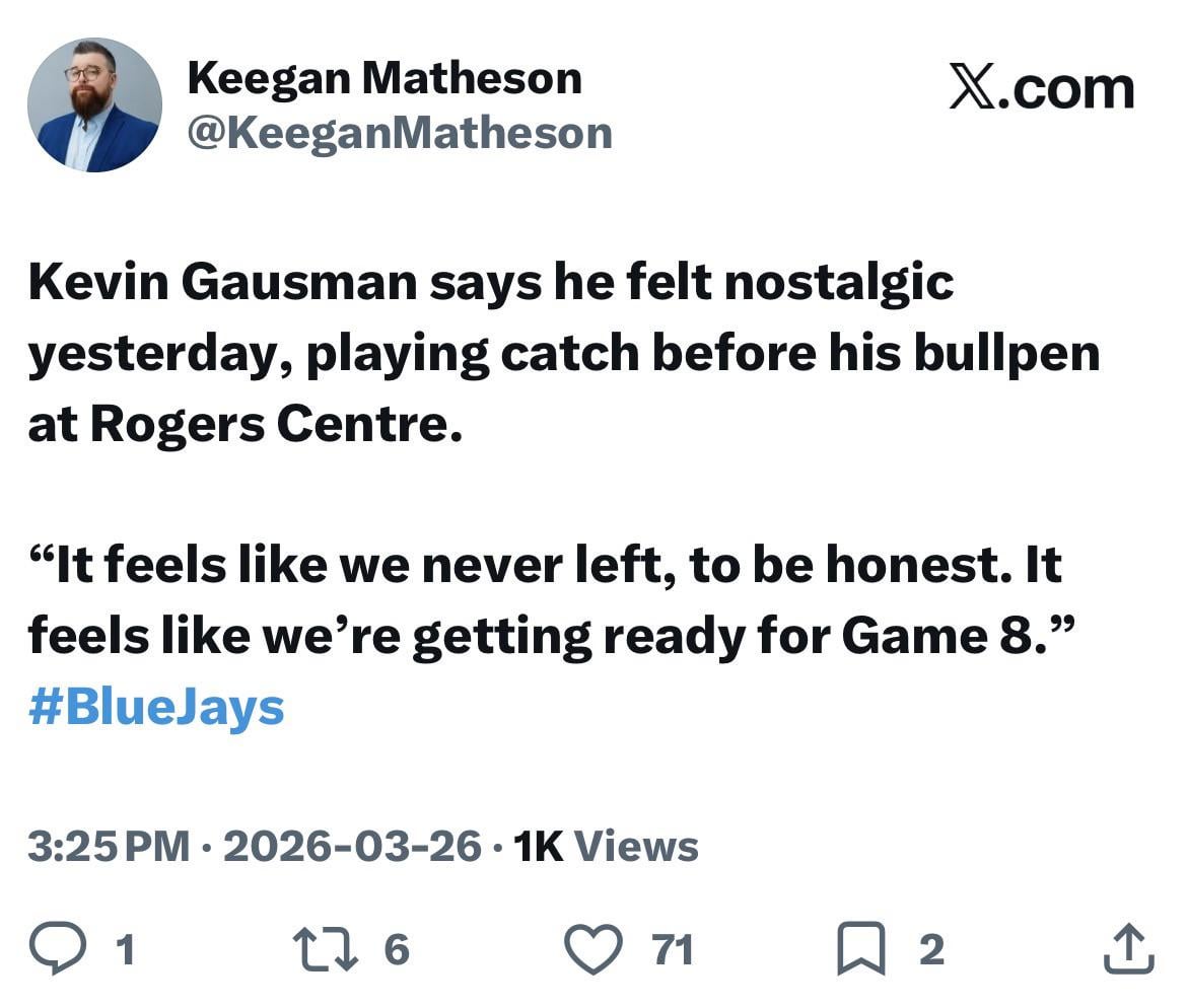 [Keegan Matheson] Kevin Gausman says he felt nostalgic yesterday, playing catch before his bullpen at Rogers Centre. “It feels like we never left, to be honest. It feels like we’re getting ready for Game 8.” #BlueJays