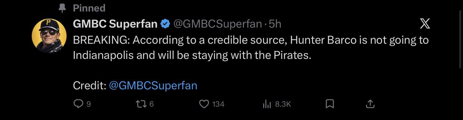 BREAKING: According to a credible source, Hunter Barco is not going to Indianapolis and will be staying with the Pirates.