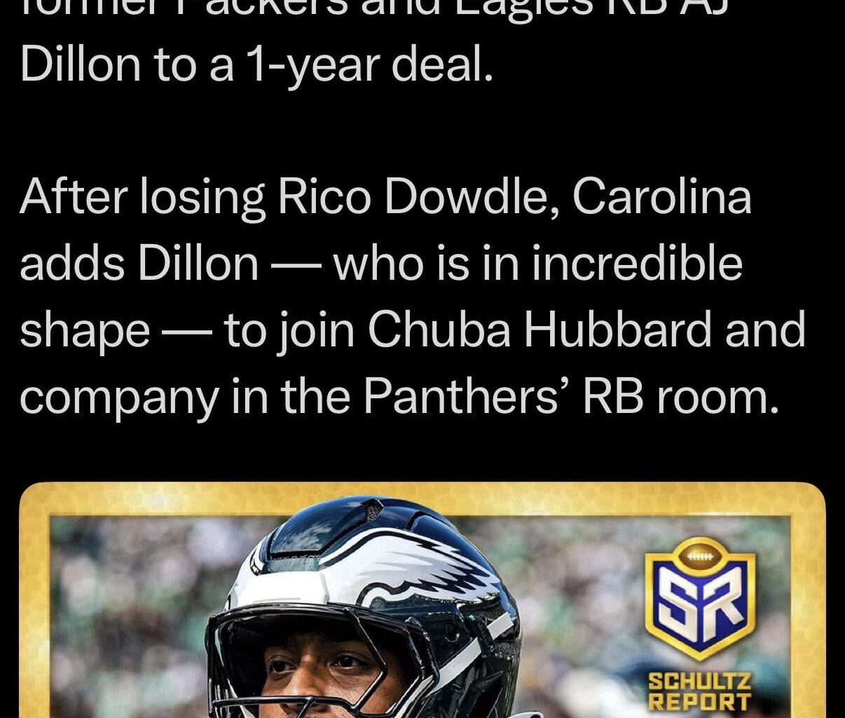 [Schultz] QUADZILLA! Sources: The #Panthers are signing former Packers and Eagles RB AJ Dillon to a 1-year deal.