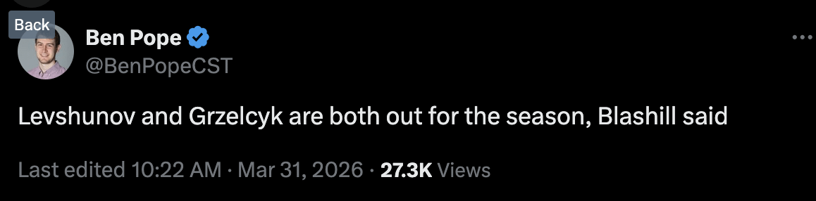 [Ben Pope] Levshunov and Grzelcyk are both out for the season, Blashill said