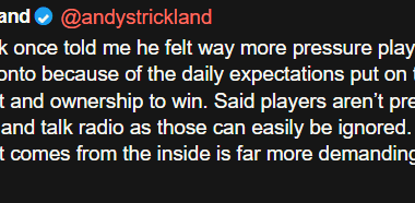 [Strickland] Roman Polak once told me he felt way more pressure playing in St. Louis than he did in Toronto because of the daily expectations put on the team from management and ownership to win. Said players aren’t pressured by newspapers and talk radio as those can easily be ignored.