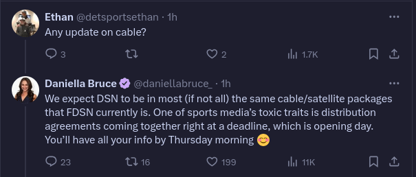 Expect DSN carriage info to circulate by Thursday morning