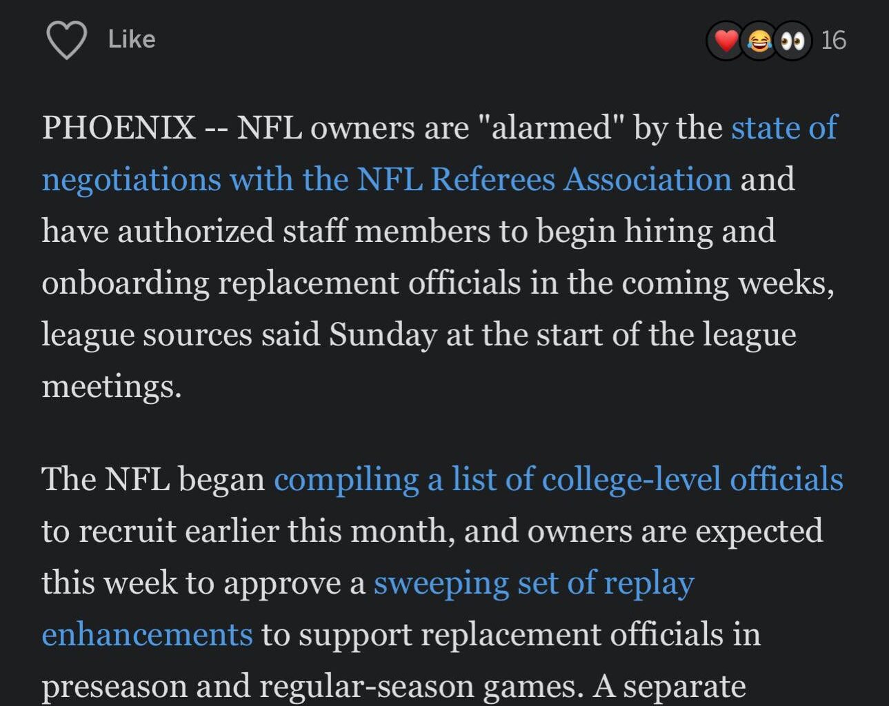 [ESPN] League related news, NFL is proceeding in hiring replacement refs for the upcoming season