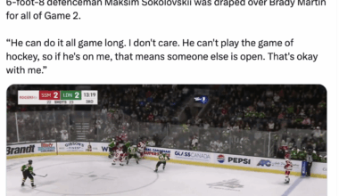 [Duench] 6-foot-8 defenceman Maksim Sokolovskii was draped over Brady Martin for all of Game 2.

“He can do it all game long. I don't care. He can't play the game of hockey, so if he's on me, that means someone else is open. That's okay with me.”