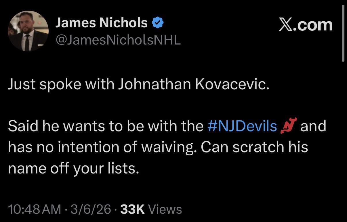[Nichols] Kovacevic will not waive his NTC. He will remain a Devil