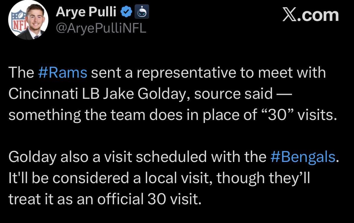 Bengals have a local visit with Jake Golday (LB, UC) - Will treat it as a 30.