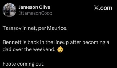 [Jameson Olive] Tarasov in net, per Maurice. Bennett is back in the lineup after becoming a dad over the weekend. Foote coming out.