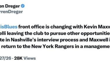 [Dreger] The St. Louis Blues front office is changing with Kevin Maxwell and Peter Chiarelli leaving the club to pursue other opportunities. Chiarelli is a candidate in Nashville’s interview process and Maxwell is expected to return to the New York Rangers in a management role.